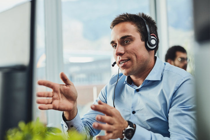 Agent providing customer service on head piece