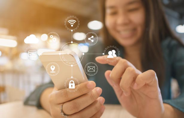 Customer smiling at phone